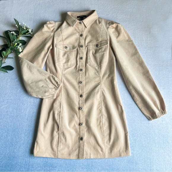 Forever 21 Cream Corduroy Shirt Dress Long Sleeve A-Line Exposed Buttons - Picture 1 of 12